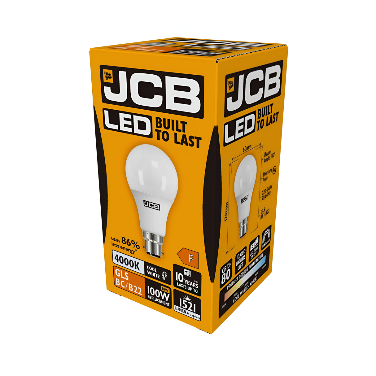 Box containing a JCB 14W Non-Dimmable LED GLS Bulb, B22 base. The packaging is yellow with black and white text, emphasizing the bulb's durability and energy efficiency. It details features such as 4000K cool white light, a lifespan of 10 years, 1521 lumens brightness, and an 86% energy-efficient replacement.