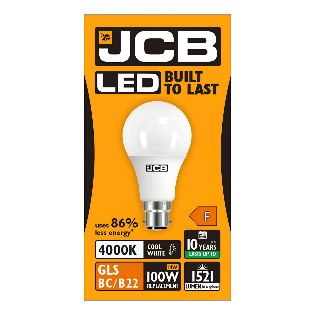Image of the JCB 14W Non-Dimmable LED GLS Bulb packaging. The box is orange and black, highlighting features such as Built to Last, cool white light at 4000K, an impressive 86% reduction in energy use, a decade-long lifespan, and a powerful brightness of 1521 lumens—making it an energy-efficient alternative to a traditional 100W bulb.