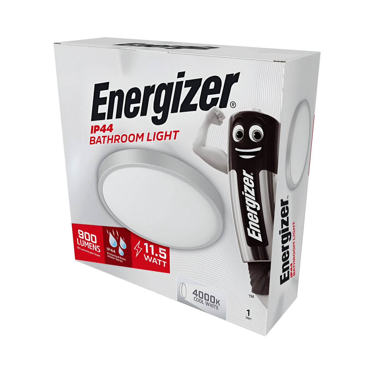 The packaging of the Energizer LED Flush Light 11.5W 4000K - White highlights its impressive 900 lumens, 11.5 watts, and 4000K cool white light, featuring an illustration on the box with an Energizer character proudly holding the energy-efficient LED light.