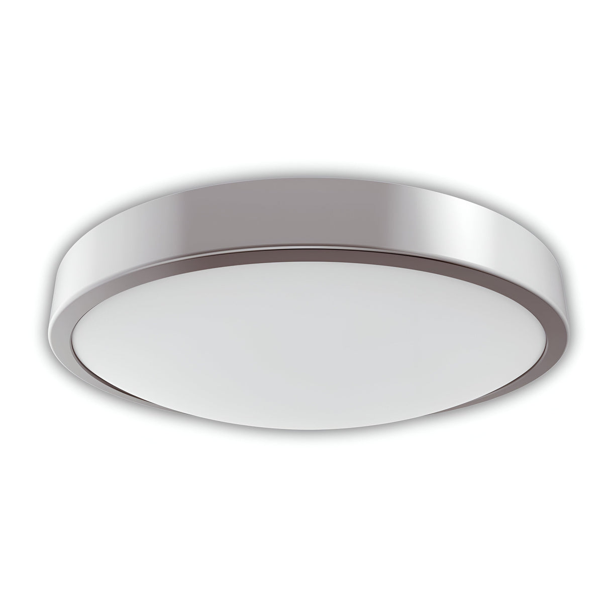 The Energizer LED Flush Light 11.5W 4000K - White is a modern, round ceiling fixture with a sleek metallic rim and smooth, opaque white diffuser that emits 900 lumens. Its minimalist design features an IP44 rating and is elegantly displayed against a plain white background.