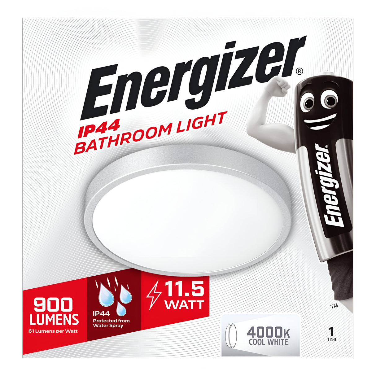 The packaging for the Energizer LED Flush Light 11.5W 4000K - White showcases a sleek light fixture providing 900 lumens of cool white LED light, rated at 11.5 watts with an IP44 protection against water spray. Also featured on the box is the iconic Energizer battery mascot.