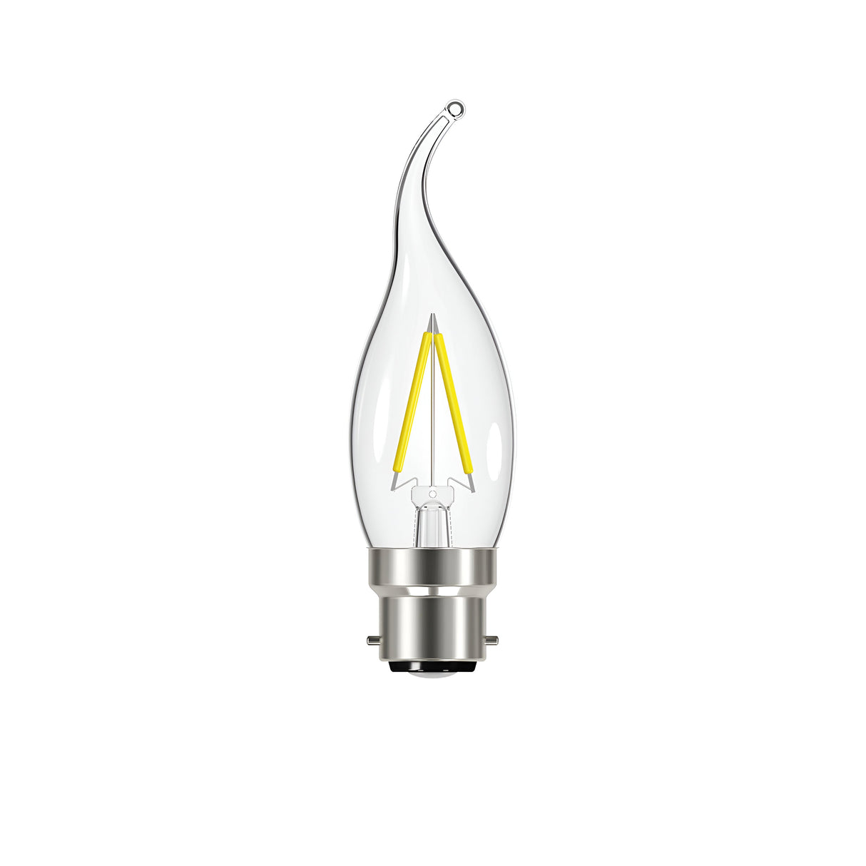 The Energizer 2W Non-Dimmable LED Candle Filament Bulb features a clear, flame-shaped glass design with a silver B22 base and visible yellow filament, providing warm white light with a vintage-inspired look.