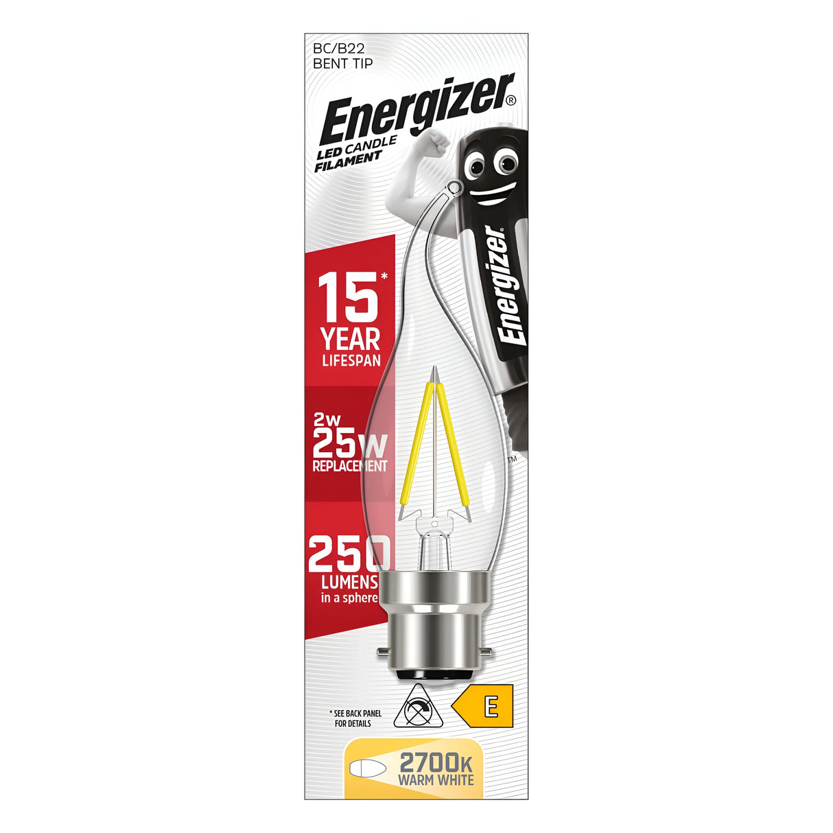 The packaging of the Energizer 2W Non-Dimmable LED Candle Filament Bulb - Warm White, B22, 2700K emphasizes its vintage-inspired look. Boasting a long lifespan of 15 years, this energy-efficient bulb equates to a 25W traditional bulb while providing warm white light at 2700K and emitting 250 lumens. With an E energy rating, it combines style with practicality.