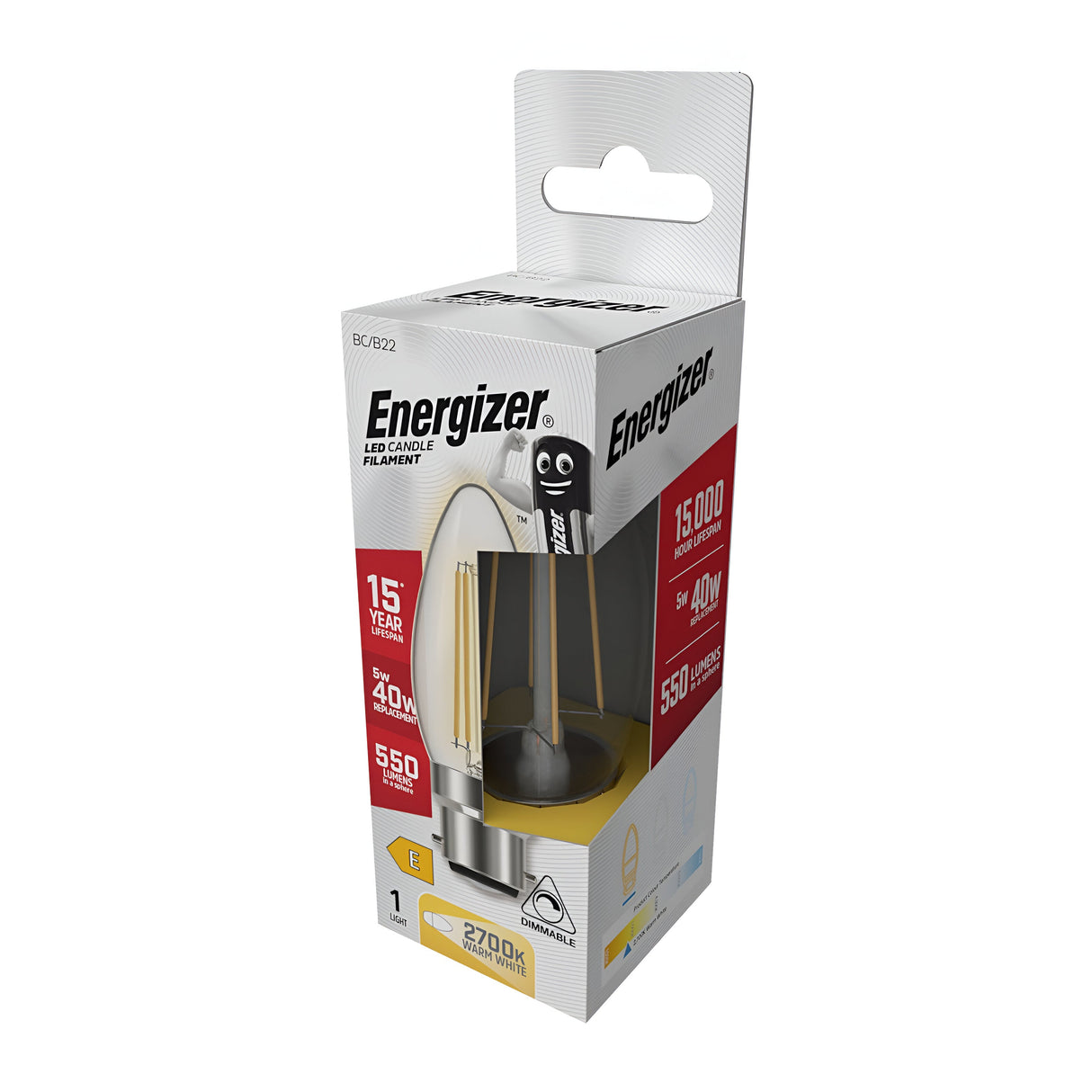 The packaging of the Energizer 5W Dimmable LED Candle Filament Bulb - Warm White, B22 highlights its impressive specifications: a 15,000-hour lifespan, equivalent to a 40-watt output, delivering 550 lumens with a warm color temperature of 2700K. This energy-efficient lighting solution is presented in a predominantly white box adorned with product images and logos.