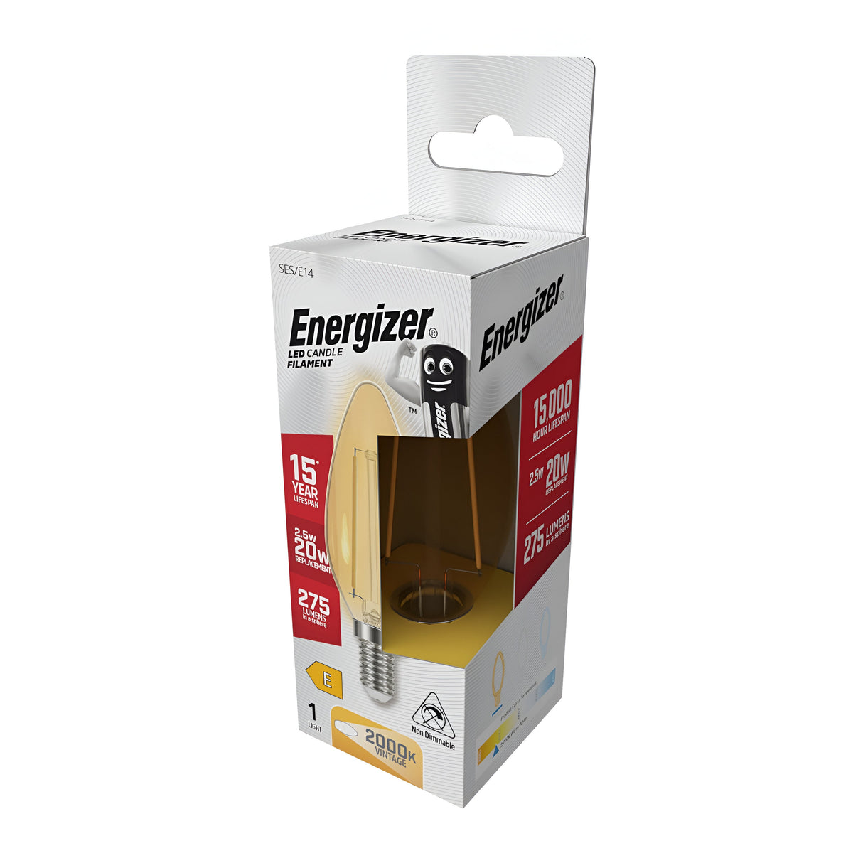 The packaging highlights an energy-efficient lighting solution: the Energizer 2.5W Dimmable LED Candle Filament Bulb. Offering a vintage bulb aesthetic, it boasts a 15-year lifespan, emits 200 lumens, and uses only 2.5W for a warm white glow of 2200K. The stylish white box presents the product and features its illustration.