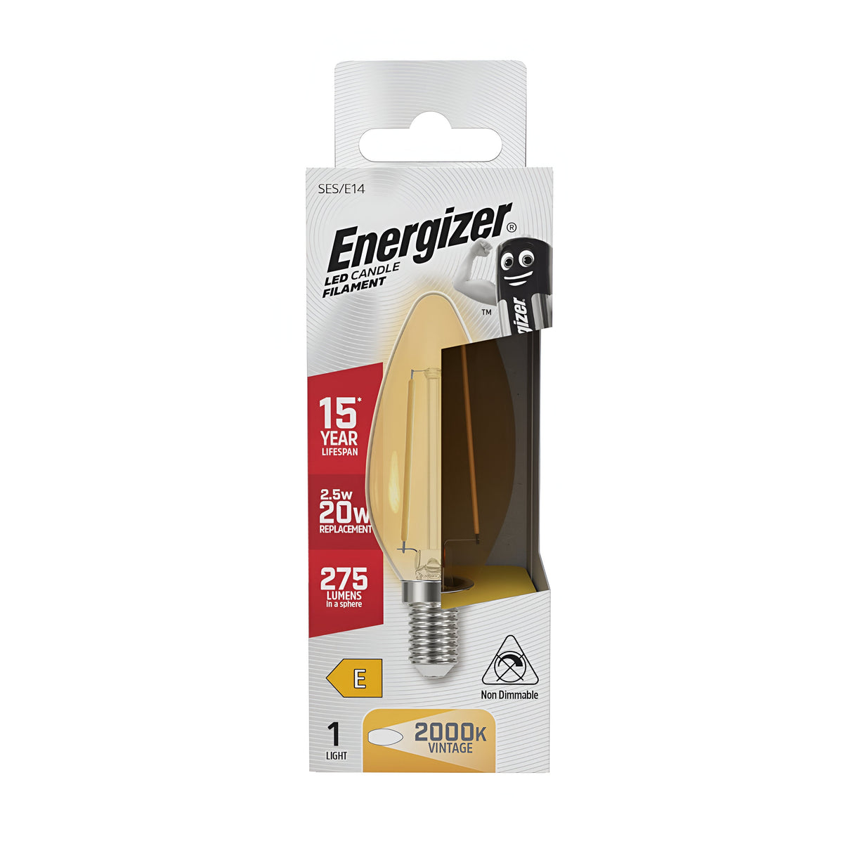 The packaging for the Energizer 2.5W Dimmable LED Candle Filament Bulb highlights its 15-year lifespan, energy efficiency, and emits a 2200K warm white glow with 275 lumens. This bulb effectively replaces a traditional 25W incandescent and offers dimmable functionality.