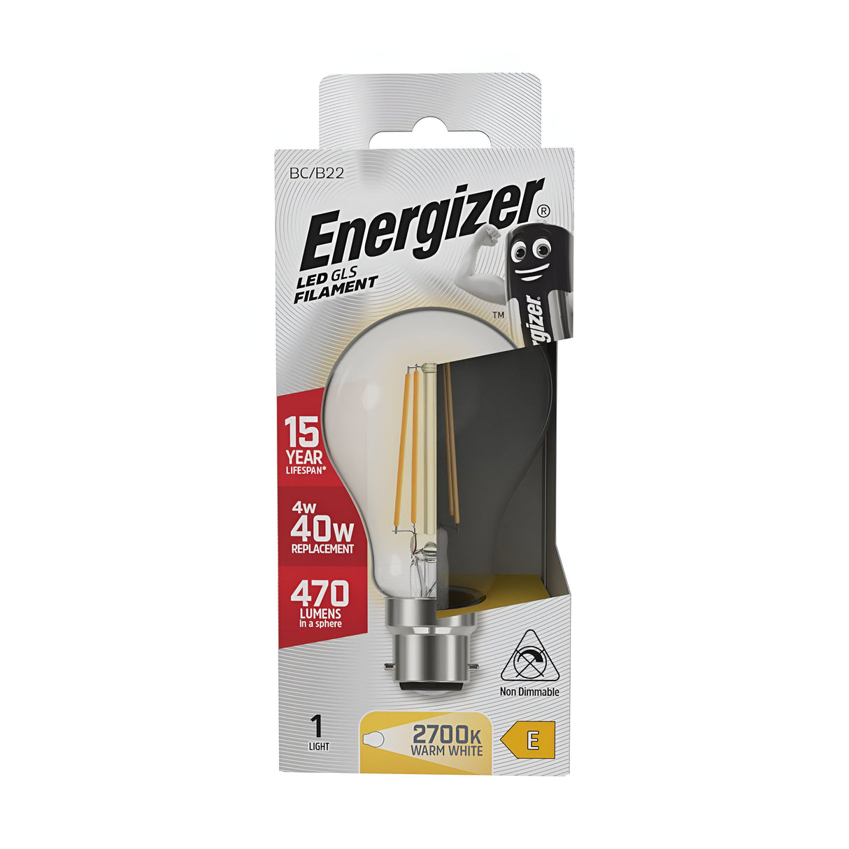 Box of an Energizer 4W Non-Dimmable LED GLS Filament Bulb - Warm White, B22, 2700K, highlighting energy-efficient lighting. It boasts a 15-year lifespan and offers the brightness of a traditional 40W bulb while using only 4W. The bulb emits soothing light at 470 lumens with a warm white color temperature of 2700K. The packaging emphasizes the bulb’s design and features the Energizer brand icon.