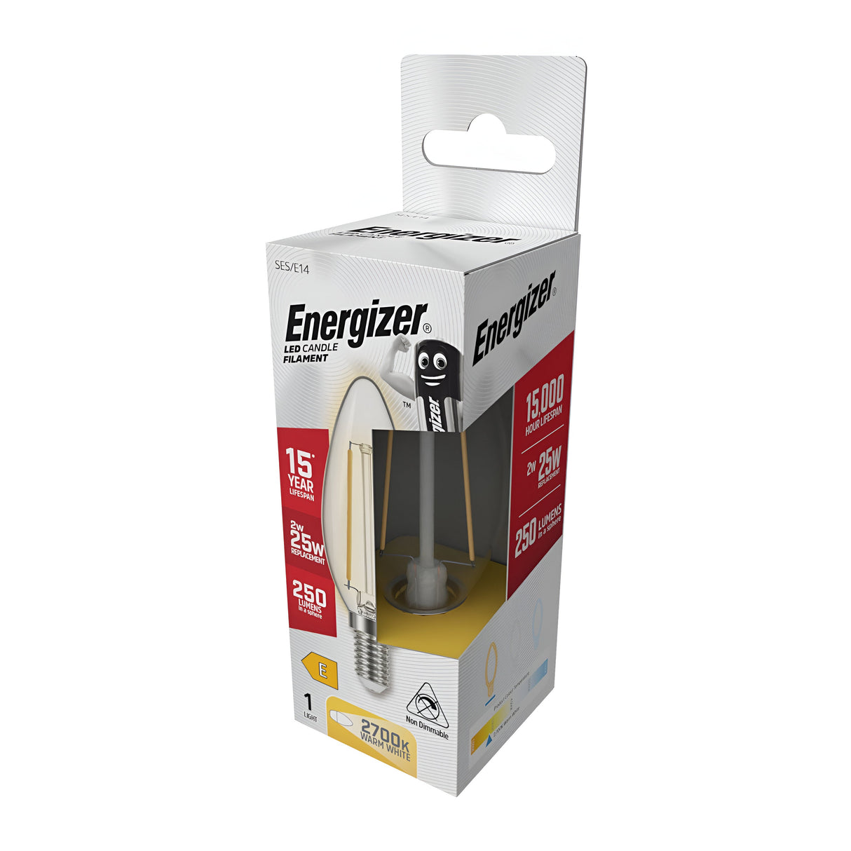 The box contains an Energizer 2W Dimmable LED Candle Filament bulb with an E14 base, boasting energy efficiency and a warm white 2700K glow. It delivers a light output equivalent to 25W at 250 lumens and has a lifespan of up to 15,000 hours. The packaging features product details along with an open flap on top.