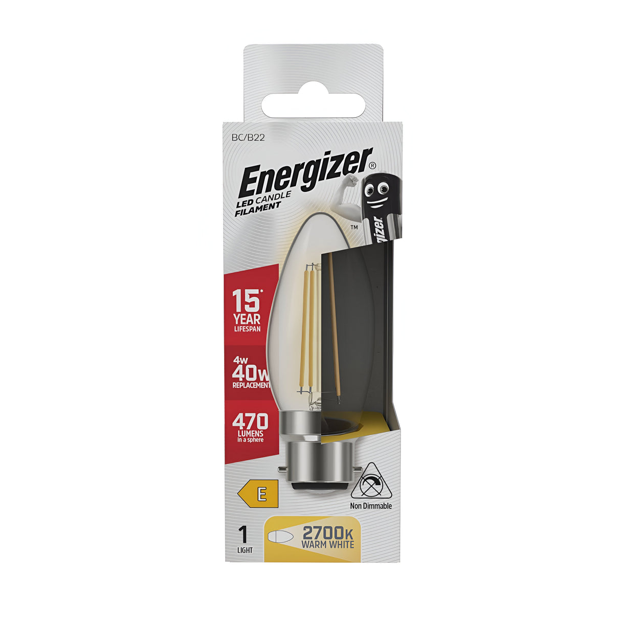 The packaging of the Energizer 4W Non-Dimmable LED Candle Filament Bulb displays its ability to emit a 2700K warm white light at 470 lumens, comparable to a traditional 40W bulb, while only using 4 watts. Featuring a B22 Bayonet Cap and boasting an impressive lifespan of up to 15 years, this bulb ensures long-lasting brightness.