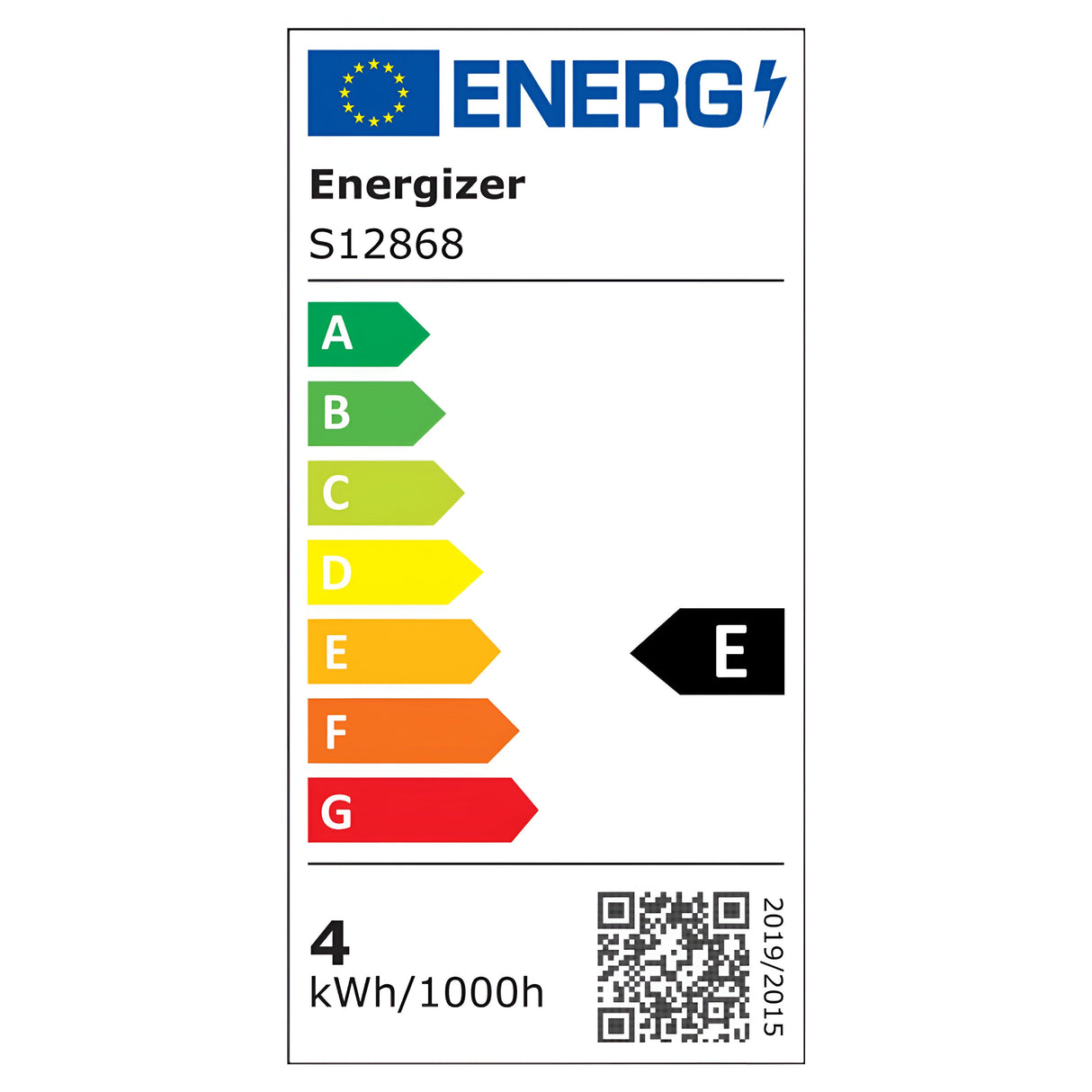 The energy label for the Energizer 4W Non-Dimmable LED Candle Filament Bulb - Warm White, B22, 2700K model S12868 is rated E. It features a color scale ranging from A (green) to G (red), includes a QR code, and indicates an output of 470 Lumens with an energy usage of 4 kWh/1000h in accordance with the 2019/2015 standards.