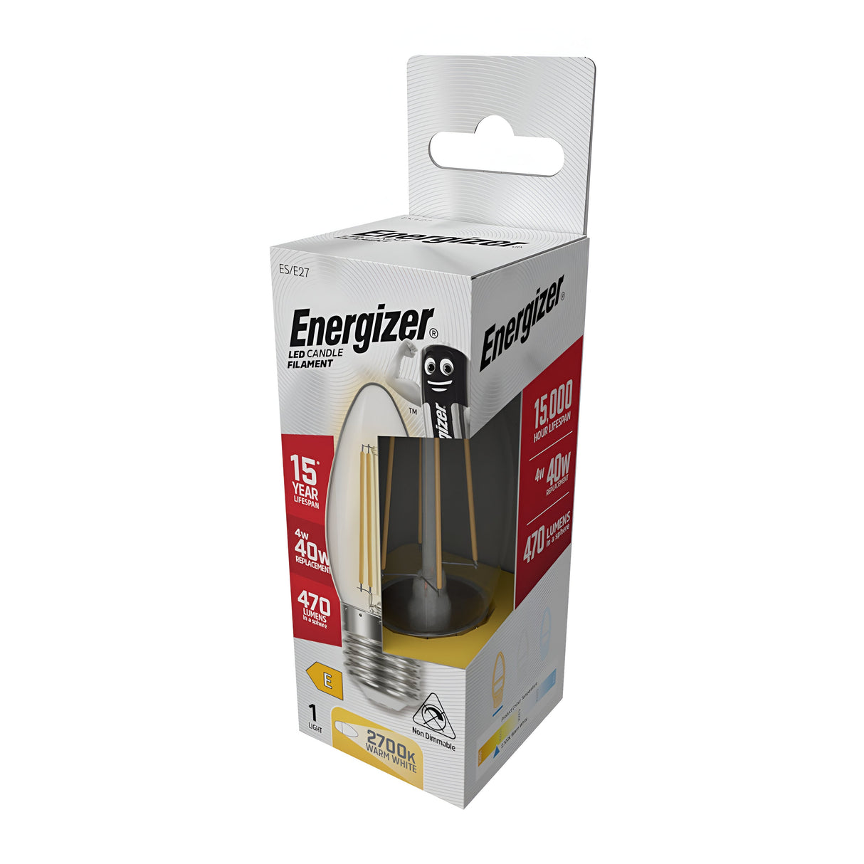 The packaging of the Energizer 4W Non-Dimmable LED Candle Filament Bulb highlights its impressive features, such as a 15,000-hour lifespan and warm white light, equivalent to a 40W bulb. It delivers 470 lumens at 2700K and includes an image of the stylish bulb on the box.
