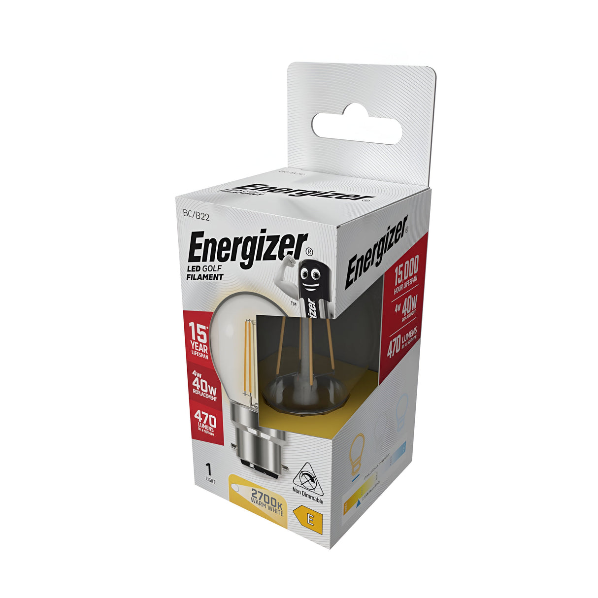 The packaging of the Energizer 4W Non-Dimmable LED Golf Ball Filament Bulb emphasizes its energy efficiency, with a lifespan of up to 15 years and serving as a 40W equivalent. It emits warm white light at 2700K and delivers 470 lumens. The box features a cutout displaying the LED golf ball bulb along with an illustration of a smiling battery.