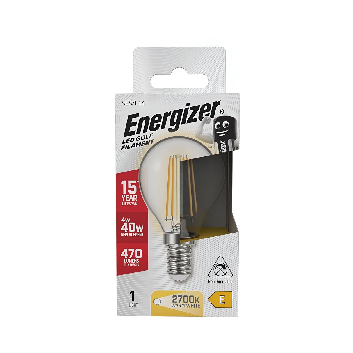 Packaging for an Energizer 4W Non-Dimmable LED Golf Ball Filament Bulb, E14. With a 15-year lifespan, this energy-efficient bulb uses just 4W to replace a traditional 40W bulb, produces 470 lumens of brightness, and emits a warm white light at 2700K. Includes one bulb.