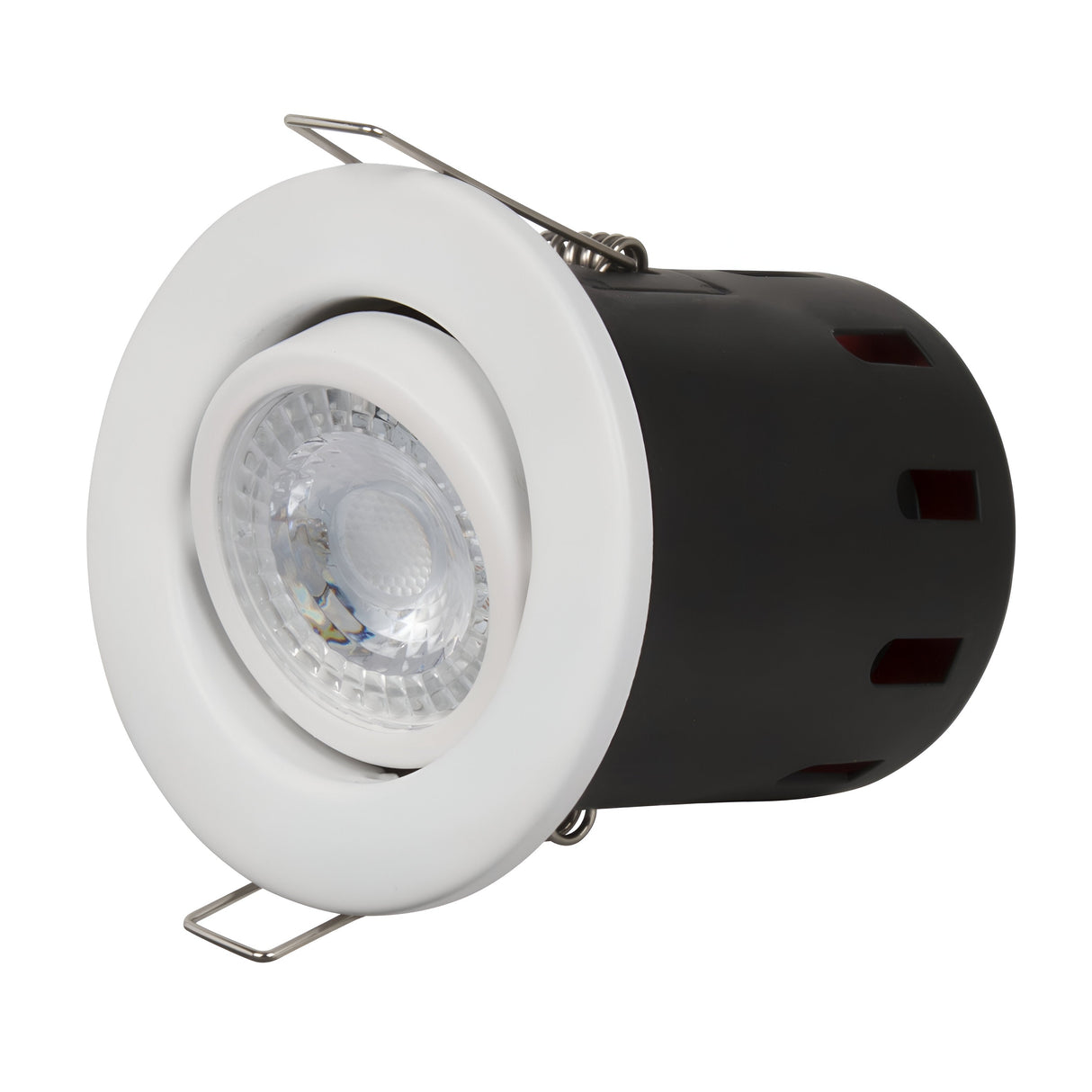 The PowerMaster Recessed Fire Rated Tilted Downlight - White features a clear lens, white trim, and black housing. It includes metallic spring clips for easy ceiling installation and is designed for precise angled positioning.