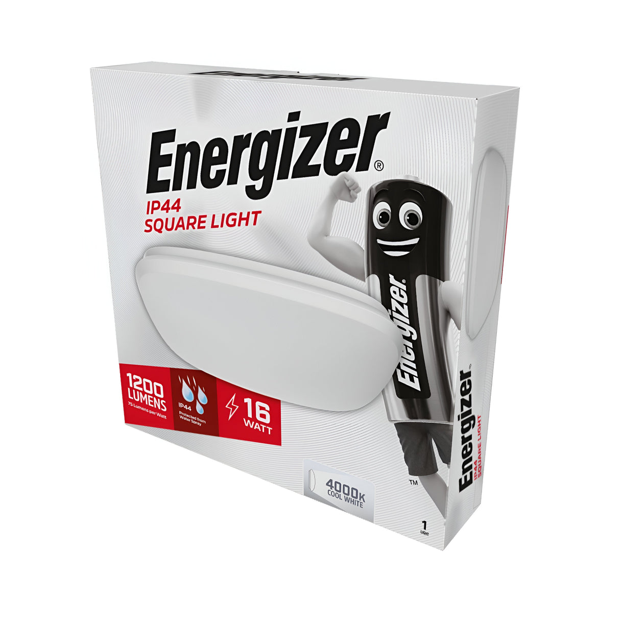 Box of the Energizer Outdoor 16W LED Bulkhead 4000K - White showcasing energy-efficient lighting with 1200 lumens and 16 watts, along with a cartoon battery character on the right. The packaging emphasizes the LED bulkhead's cool white light at 4000K.