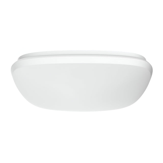 The Energizer Outdoor 16W LED Bulkhead 4000K in white features a sleek, modern ceiling-mounted design with a smooth finish and rounded edges, emitting cool white light against a plain background. This energy-efficient lighting solution brings contemporary elegance to any space.