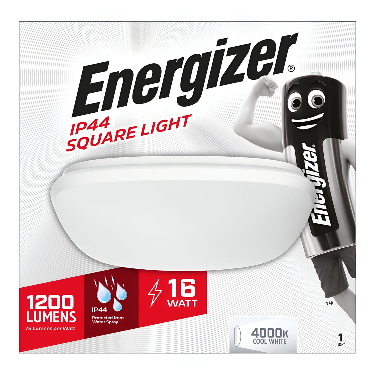 An image of the Energizer Outdoor 16W LED Bulkhead 4000K - White highlights its energy-efficient features, offering 1200 lumens with a cool white light at 4000K. The packaging features a smiling battery mascot, and it carries an IP44 rating for water spray protection.