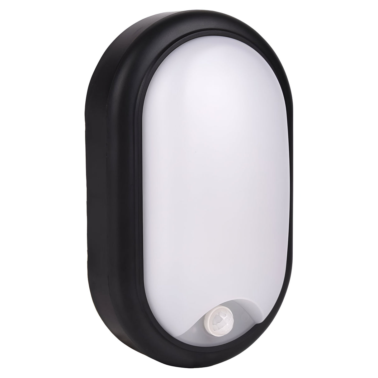 The Energizer Outdoor 14W PIR LED Bulkhead 4000K - Black is an oval-shaped wall light with a black outer casing and a white frosted front, offering energy-efficient lighting. It includes a PIR sensor at the bottom for motion detection or ambient control.