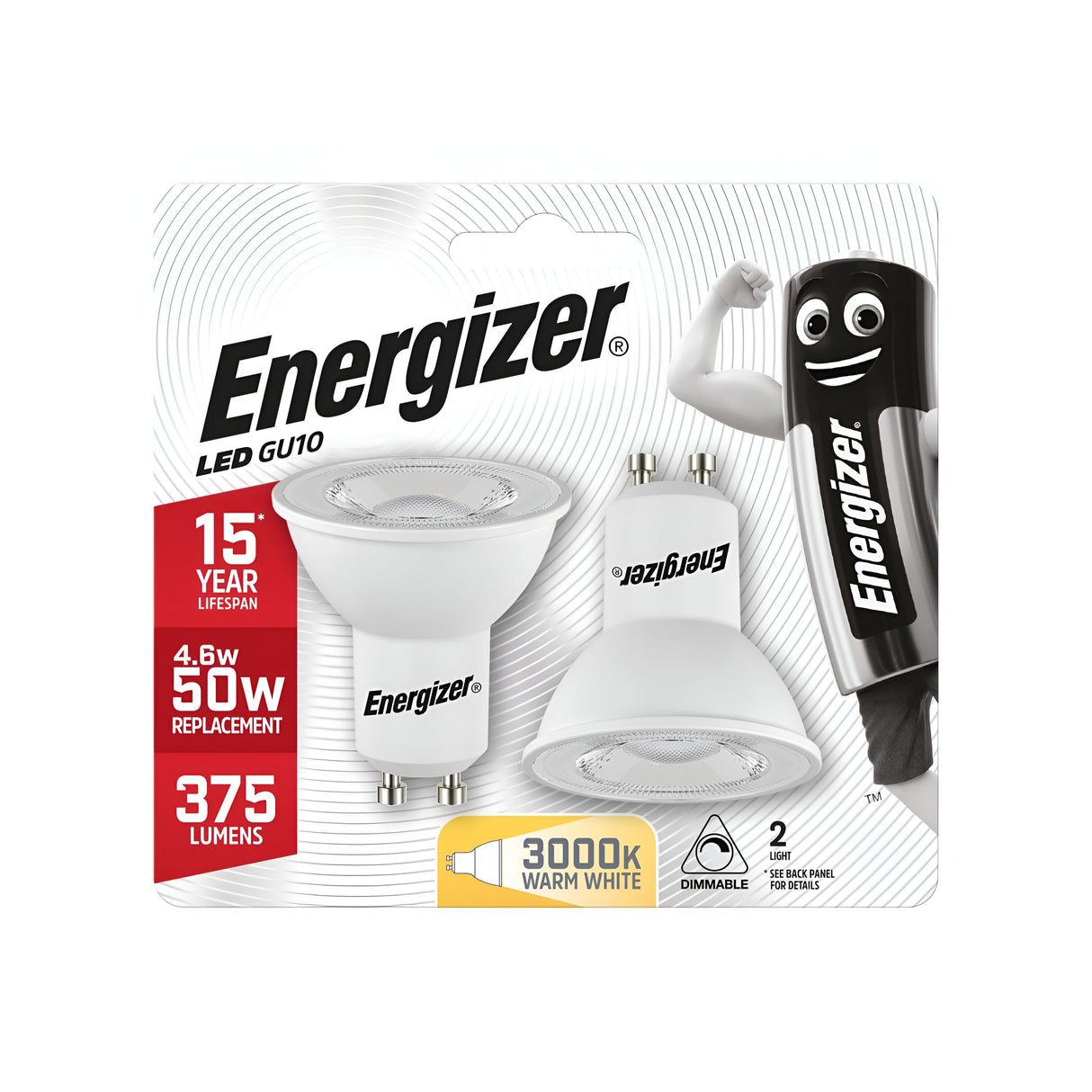 The packaging for the Energizer 4.6W GU10 Dimmable LED Bulb - Warm White, 3000K (2 Pack) features two energy-efficient LED bulbs alongside a cartoon battery character, emphasizing their 15-year lifespan, with each bulb equivalent to 50W and emitting 375 lumens of warm white light at 3000K.