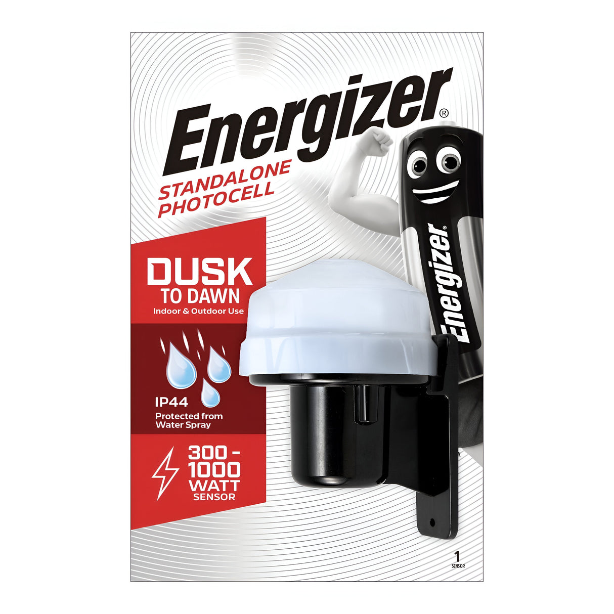 Packaging for the Energizer Outdoor LED Wall Light With Photocell - Black, highlighting its advanced Photocell Technology. The image shows the product with a white top and black base. Features include text: Dusk to Dawn, Indoor & Outdoor Use, IP44 Protected from Water Spray, and 300-1000 Watt Sensor. Ideal for outdoor lighting solutions.