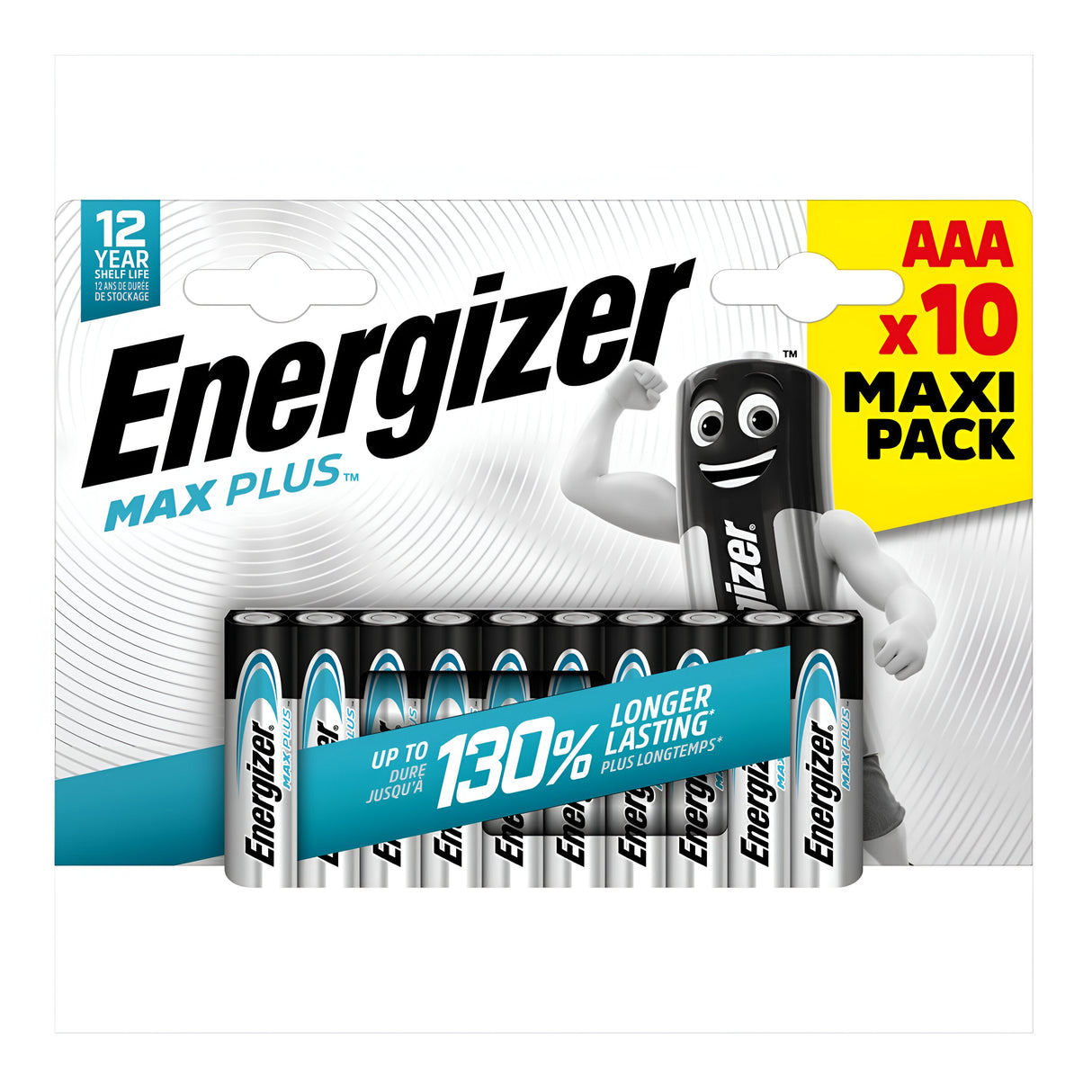 Image of an Energizer Max Plus AAA LR03 Alkaline Batteries (10 Pack). The elegant white and blue packaging, featuring a black animated battery character, showcases the eco-friendly design. Text highlights 130% longer-lasting power and an impressive 12-year shelf life.