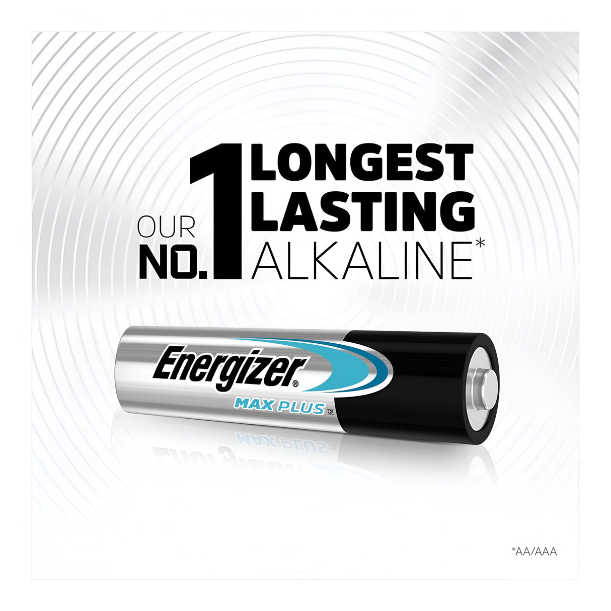 Image of the Energizer Max Plus AAA LR03 Alkaline Batteries (10 Pack) with text stating it as Our No. 1 Longest Lasting Alkaline*. The black and silver design features a sleek silver background with concentric circles and is accented by a blue stripe near the bottom. Complemented by eco-conscious packaging for sustainability.