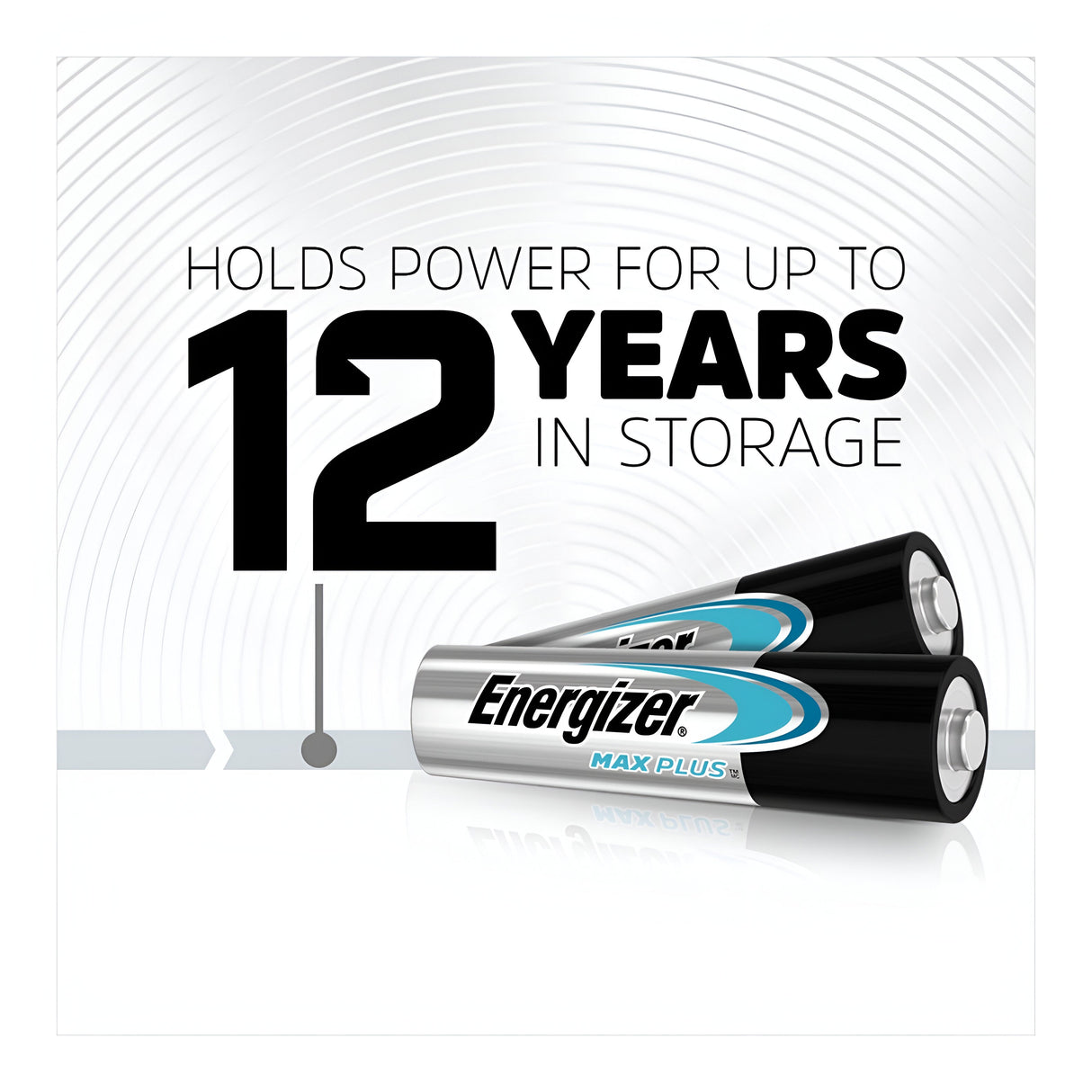 Image displaying two Energizer Max Plus AAA LR03 Alkaline Batteries, with text indicating they hold power for up to 12 years in storage. The background showcases a metallic circular pattern, emphasizing the eco-friendly design of the packaging.