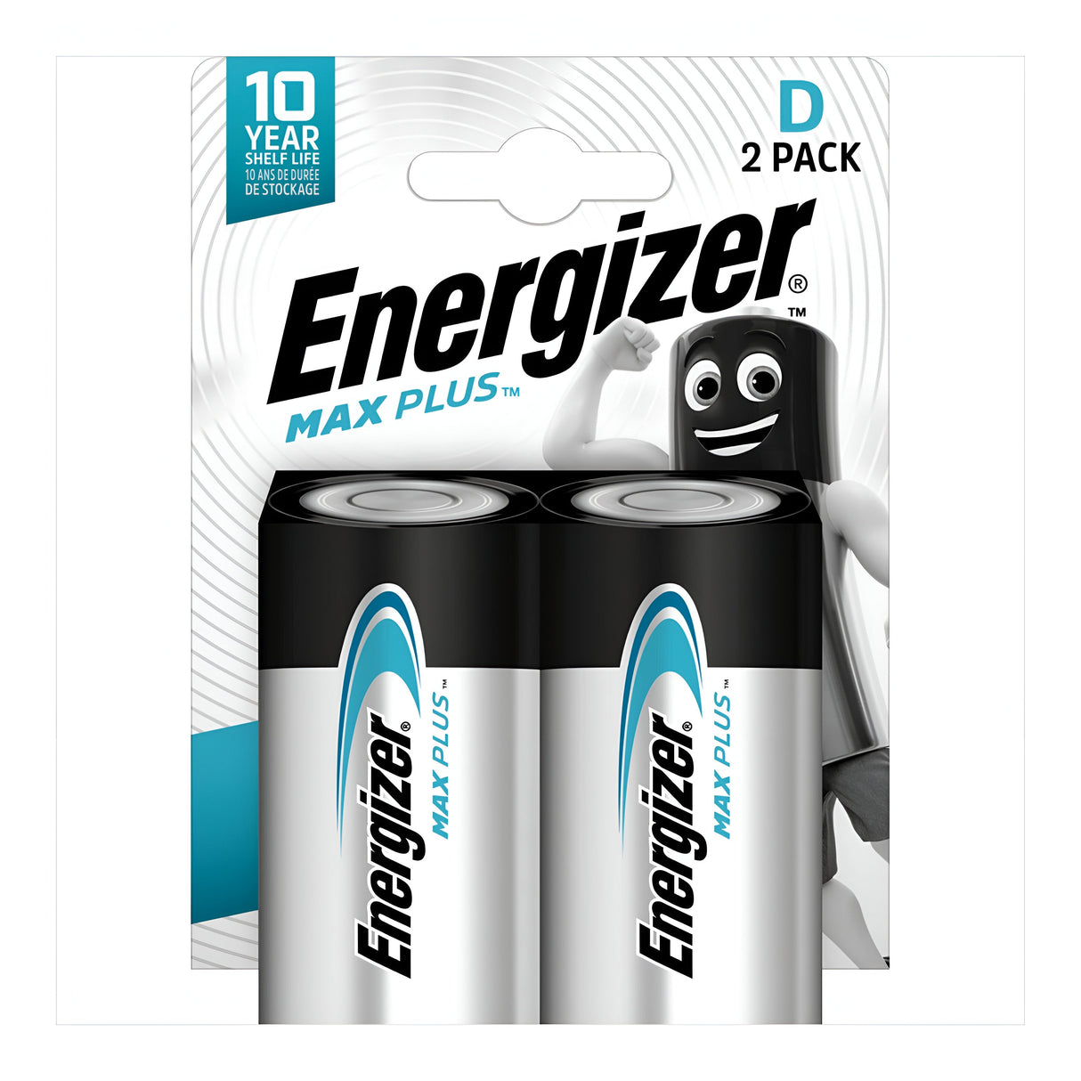 The Energizer Max Plus D LR20 Alkaline Batteries (2 Pack) come in packaging that includes two long-lasting batteries. The right side of the design features a smiling animated character. The package emphasizes its leak-resistant construction and boasts an impressive 10-year shelf life.