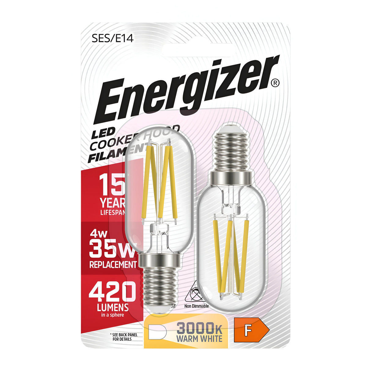Energizer 4W Non-Dimmable LED Filament Cookerhood Bulb - E14, Warm White, 2700K (2 Pack)