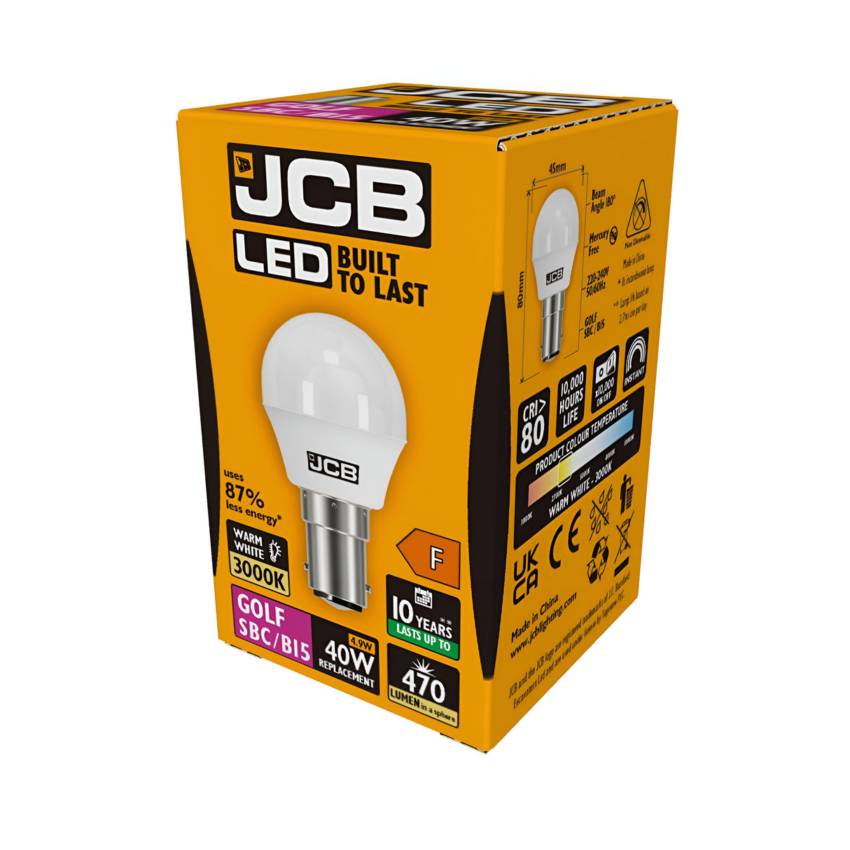 The box of the JCB 4.9W Non-Dimmable LED Golf Ball Bulb in warm white features a yellow and black design with an image of a white bulb. It highlights key details including its 40W equivalent, 470 lumens brightness, warm white color temperature of 3000K, an 80 CRI rating, and potential energy savings of up to 87%. This energy-efficient bulb is designed to last up to 10 years.