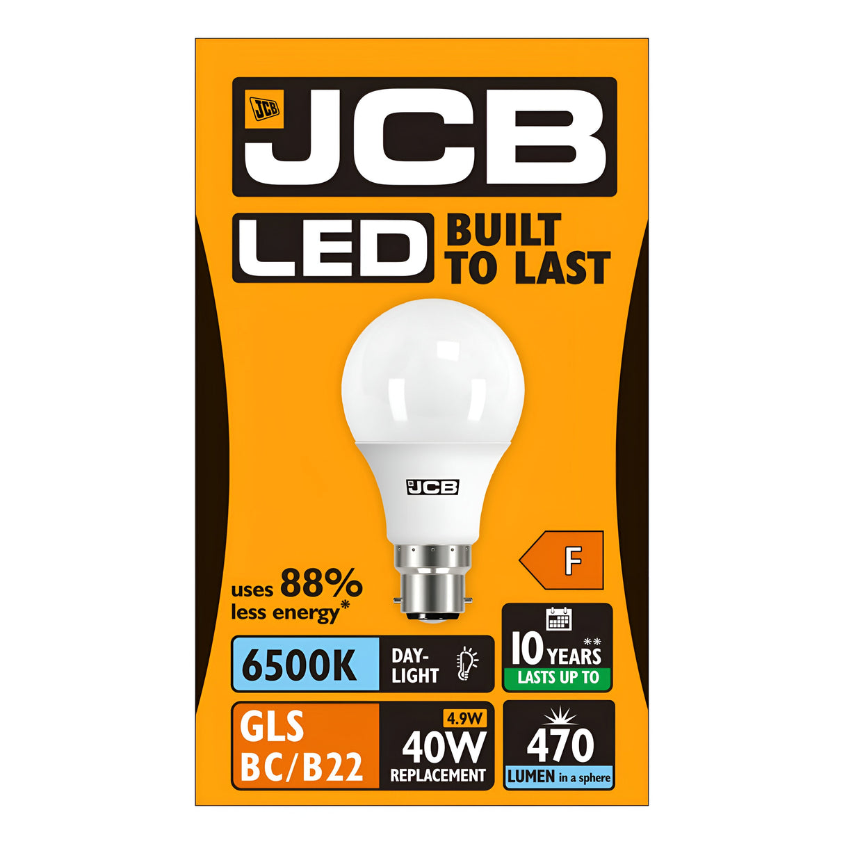 The packaging for the JCB 4.9W Non-Dimmable LED GLS Bulb has energy-saving features, including using 88% less energy and providing a daylight color of 6500K. It delivers bright illumination with 470 lumens, serving as an efficient replacement for a traditional 40W bulb. Designed to last up to 10 years, this bulb features a BC/B22 fitting and is rated energy class F.