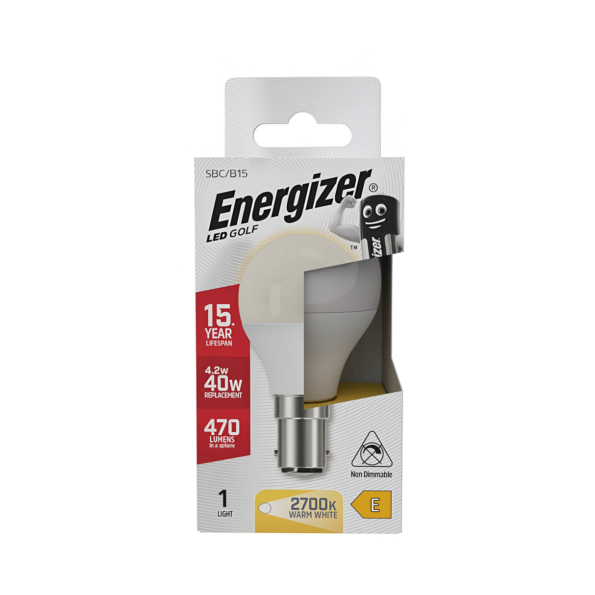 The packaging for the Energizer 4.2W Non-Dimmable LED Golf Ball Bulb - Warm White, B15, 2700K highlights its energy-efficient features with a lifespan of 15 years, replacing a traditional 40W bulb while producing 470 lumens of cozy warm white light at 2700K. The packaging also includes an image of the bulb along with the company logo.