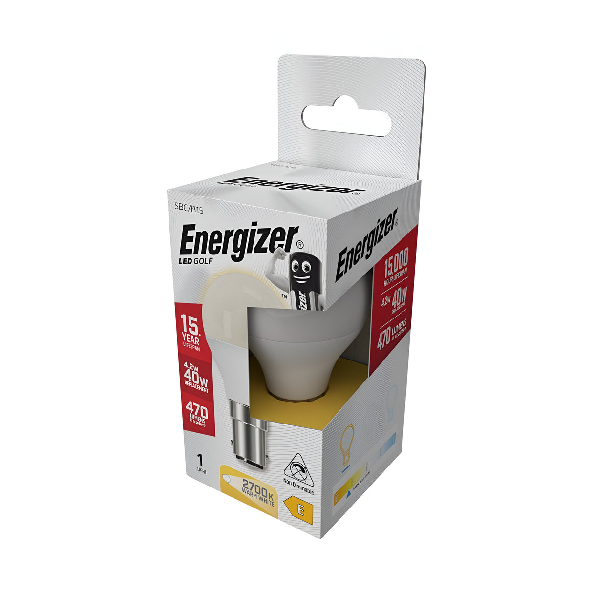 The packaging for the Energizer 4.2W Non-Dimmable LED Golf Ball Bulb in Warm White, B15, 2700K showcases its energy-efficient features, including a lifespan of 15 years and performance equivalent to a 40W bulb with an output of 470 lumens. The stylish white box is adorned with bold black and red accents to emphasize the bulb's innovative design.