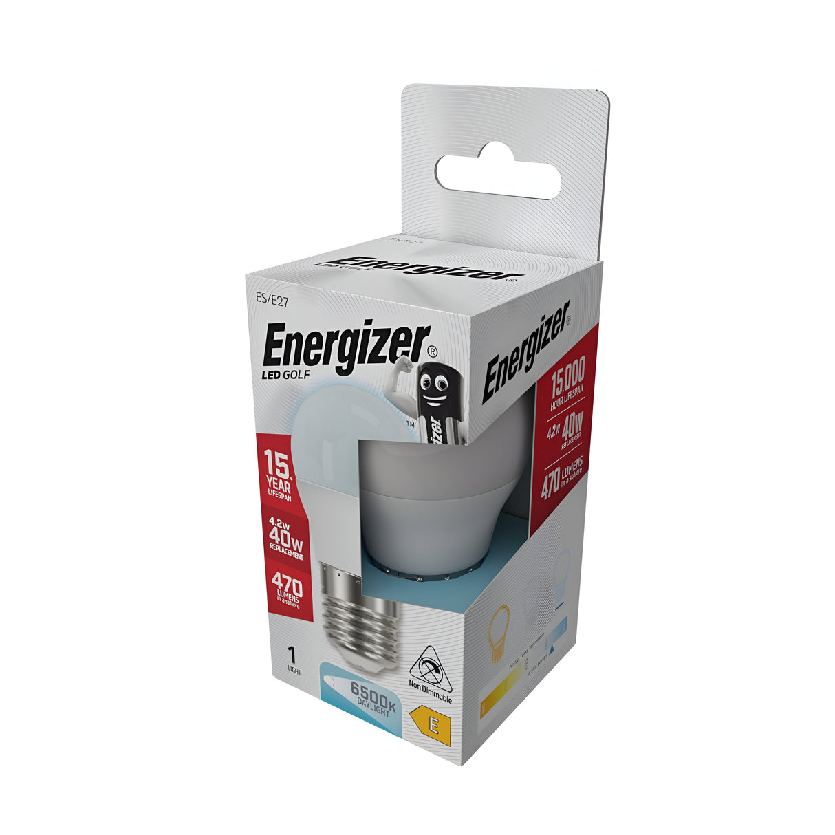 The Energizer 4.2W Non-Dimmable LED Golf Ball Bulb - Daylight, E27, 6500K boasts a white light with a brightness of 470 lumens and a daylight color temperature of 6500K. It offers a lifespan of up to 15,000 hours and is comparable to a traditional 40W bulb. The packaging includes the iconic logos and the cheerful battery mascot.
