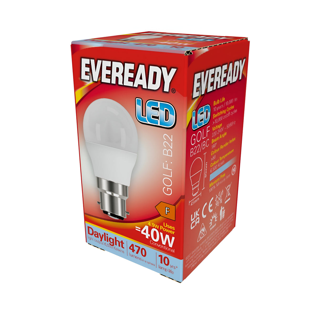 The image shows a box for the Eveready 4.9W Non-Dimmable LED Golf Ball Bulb with a B22 Bayonet Cap fitting. It features 470 lumens of brightness, equivalent to a conventional 40W bulb, and provides daylight illumination at 6500K. The packaging prominently displays various product details and symbols.