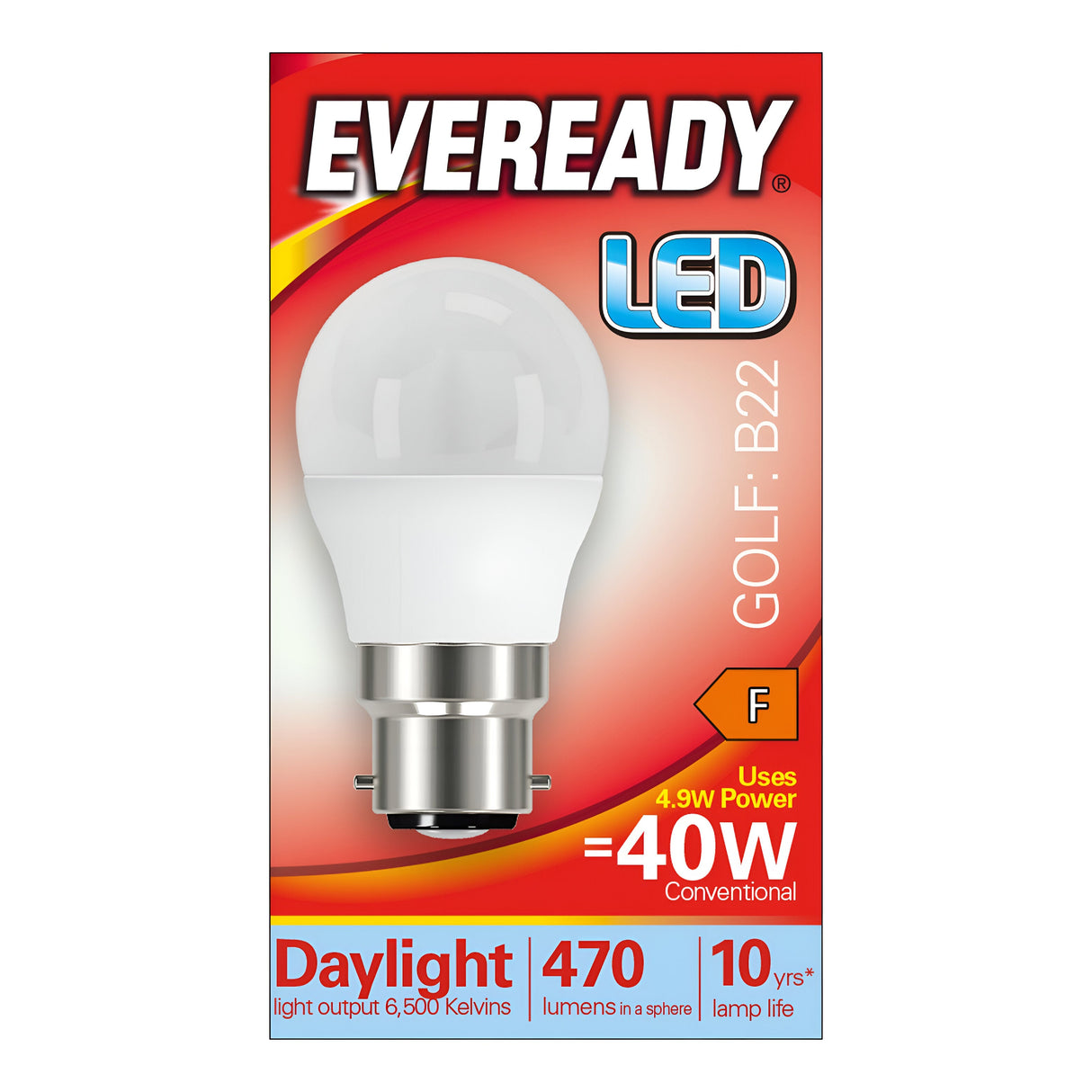 The image shows the packaging of an Eveready 4.9W Non-Dimmable LED Golf Ball Bulb in Daylight, featuring a B22 Bayonet Cap and 6500K color temperature. The package highlights that it emits 470 lumens, has a lifespan of up to 10 years, and offers illumination equivalent to a traditional 40W bulb while using only 4.9 watts. The red packaging prominently showcases the bulb with its bayonet cap design.