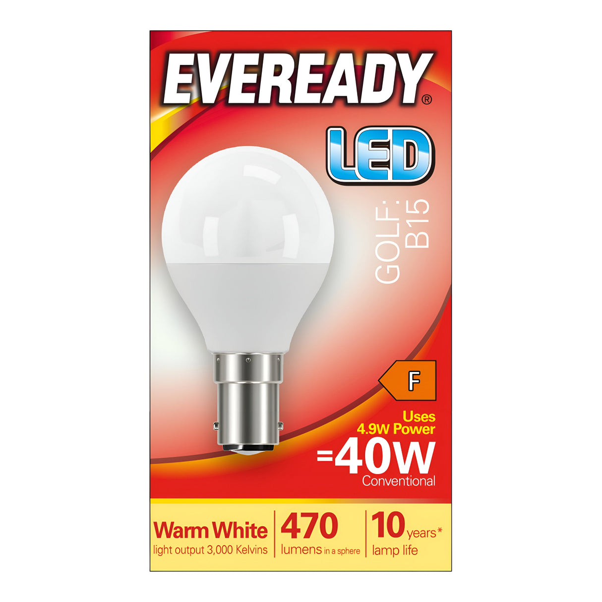 The Eveready 4.9W Non-Dimmable LED Golf Ball Bulb with a B15 fitting showcases energy efficiency, using just 4.9W while delivering the equivalent of a 40W traditional bulb. It emits warm white light at 3000 Kelvins, offers 470 lumens of brightness, and has an impressive lifespan of up to ten years. The bulb holds an energy rating of F.