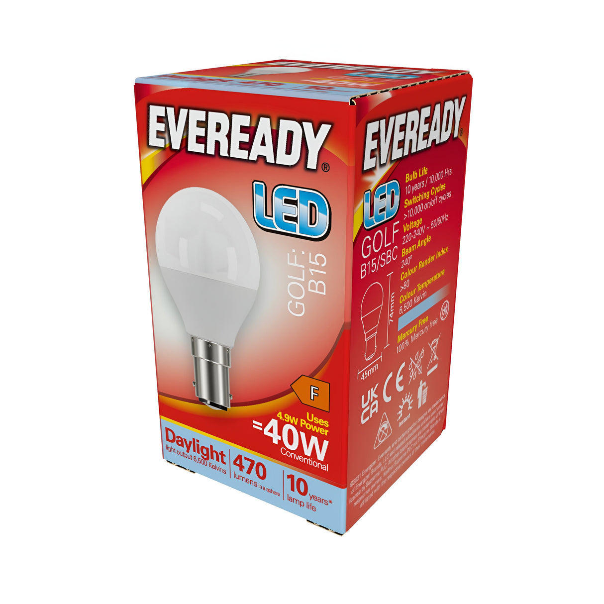 The Eveready 4.9W Non-Dimmable LED Golf Ball Bulb is encased in a compactly designed red box, prominently featuring "GOLF B15" on it. This bulb offers daylight brightness at 470 lumens, serves as a replacement for a 40W bulb, has an energy rating of F, and a lifespan of up to 10 years. The packaging includes an image along with detailed specifications showcasing its energy-efficient features.