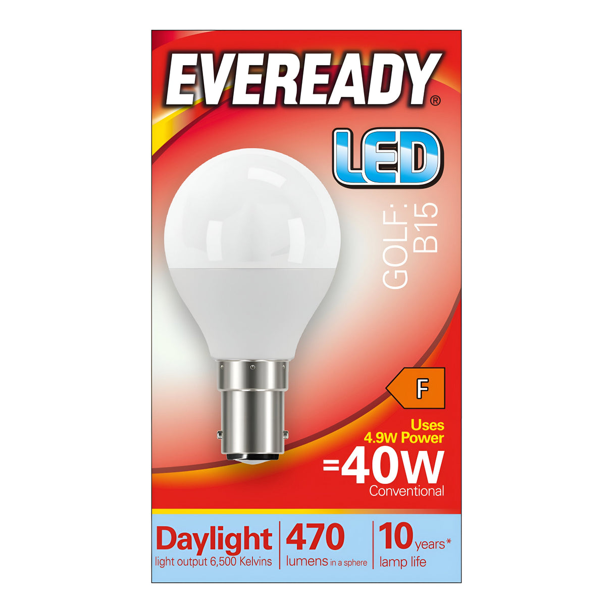 Packaging for the Eveready 4.9W Non-Dimmable LED Golf Ball Bulb features a B15 base, delivering energy efficiency equivalent to a 40W bulb. It produces a daylight color with a temperature of 6500K, emits 470 lumens, and offers a compact lighting design for up to 10 years of lamp life.