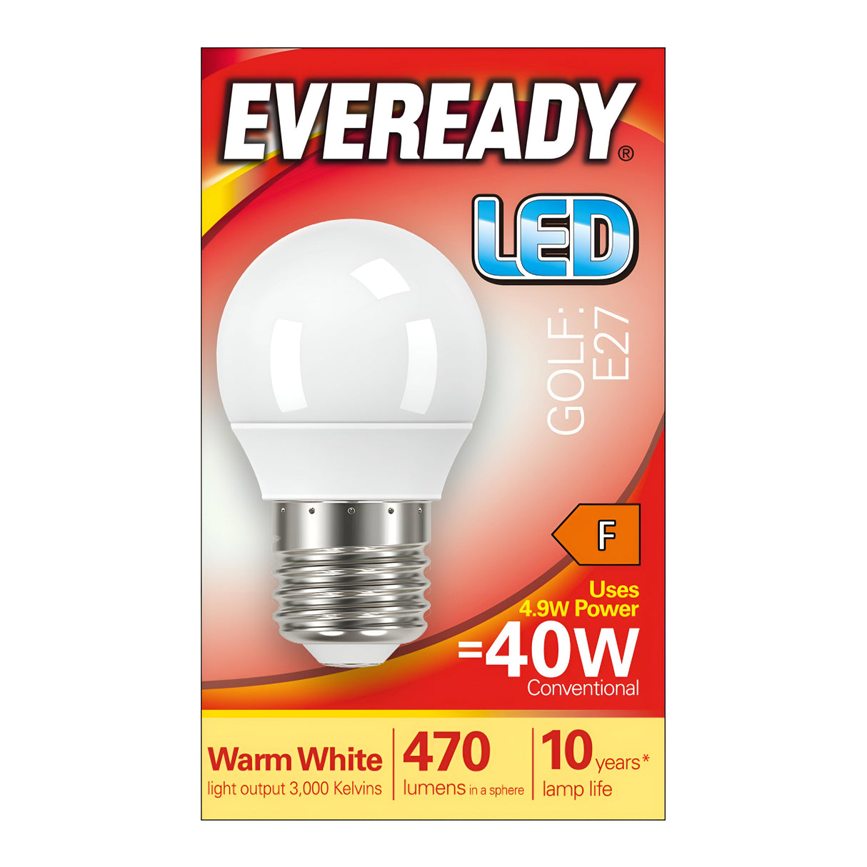 The packaging of the Eveready 4.9W Non-Dimmable LED Golf Ball Bulb - Warm White, E27, 3000K highlights its energy-efficient design, using only 4.9 watts while providing the brightness equivalent to a traditional 40-watt bulb. It emits a warm white light at 3000 Kelvins and delivers 470 lumens, boasting an impressive lamp life of up to 10 years with an energy efficiency rating of F.