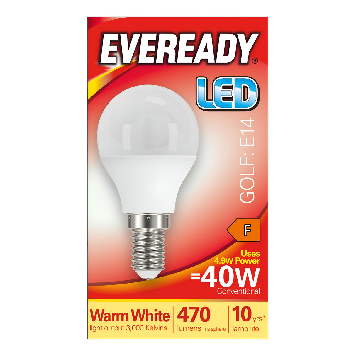 The packaging of the Eveready 4.9W Non-Dimmable LED Golf Ball Bulb, featuring a warm white glow at 3000K, emphasizes its energy efficiency and cozy ambiance. It delivers 470 lumens while consuming only 4.9 watts of power, providing the equivalent brightness of a traditional 40W bulb and boasting an impressive lifespan of up to 10 years.