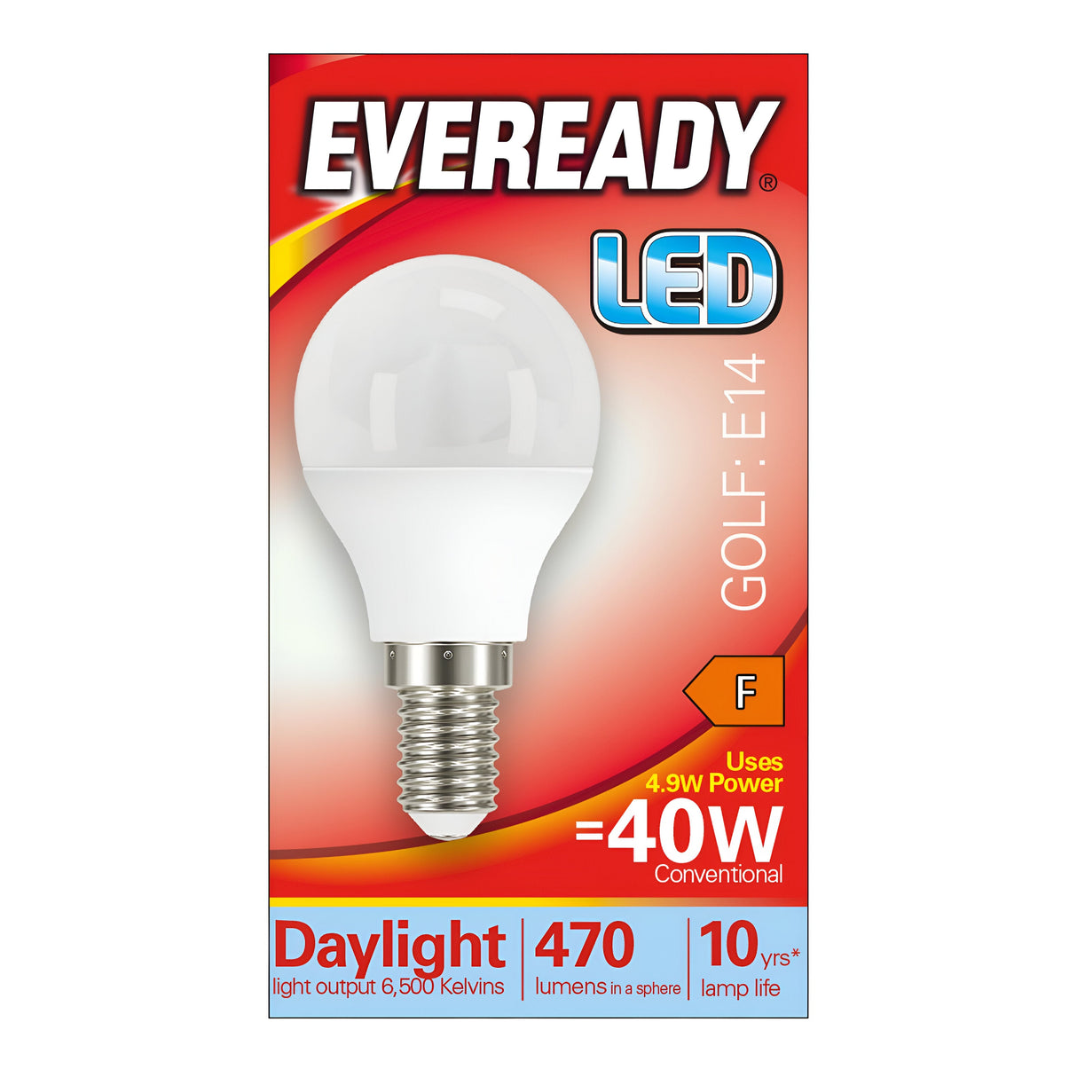 The packaging for the Eveready 4.9W Non-Dimmable LED Golf Ball Bulb - Daylight, E14, 6500K highlights its energy-efficient lighting capabilities, featuring a 470-lumen output and a daylight glow. Key specifications include an E14 fitting, the equivalent brightness of a 40W bulb with only 4.9W power consumption, an energy rating of F, a color temperature of 6500K, and an impressive lifespan of up to 10 years.