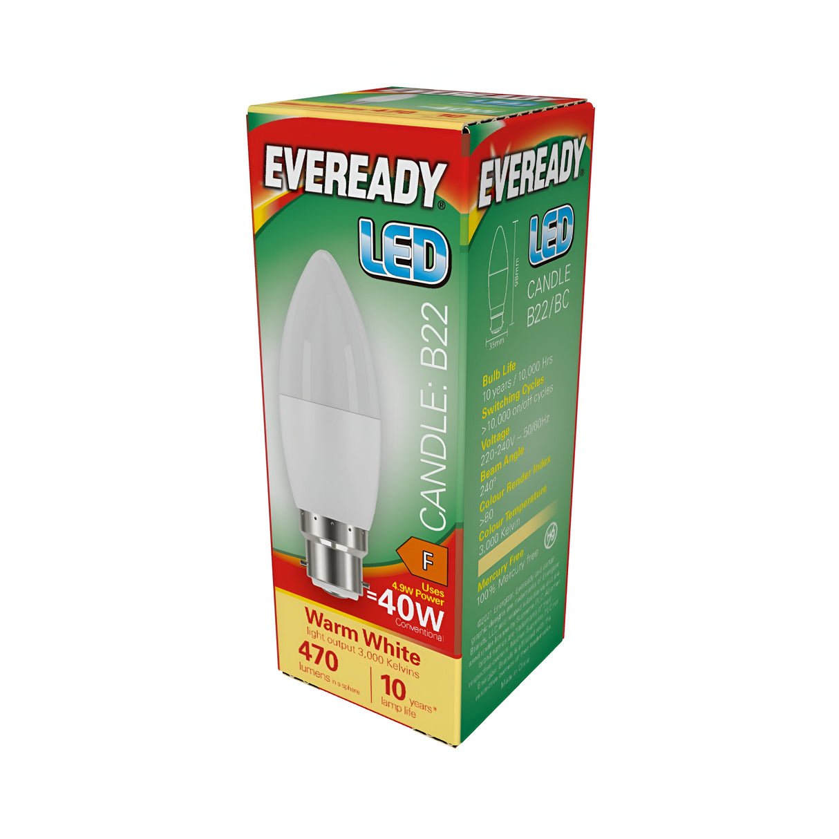 The Eveready 4.9W Non-Dimmable LED Candle Bulb, B22 base, brightly showcases its features on the packaging with details like a 40W power equivalent, emission of warm white light at 3000K, and delivery of 470 lumens with an expected lifespan of up to 10 years. The box is vividly designed in red and green, featuring an illustrative bulb graphic.
