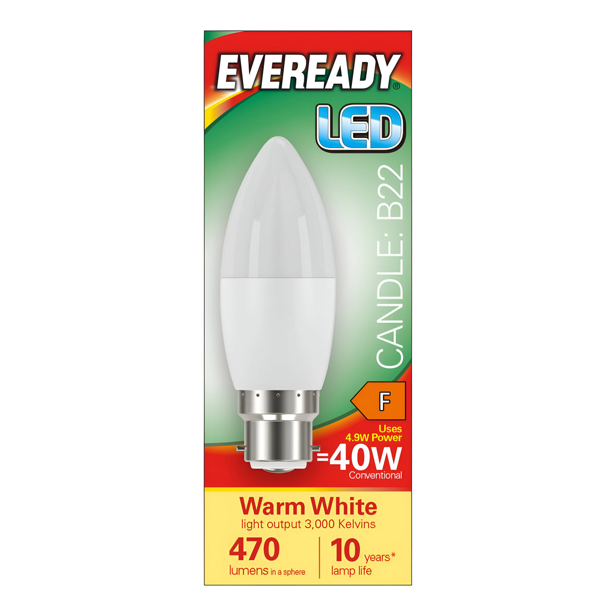 The Eveready 4.9W Non-Dimmable LED Candle Bulb in Warm White with a B22 base provides 3000K light and a luminous output of 470 lumens. Its energy-efficient design uses only 4.9 watts, equivalent to a 40-watt traditional bulb, and offers an exceptional lifespan of up to 10 years.