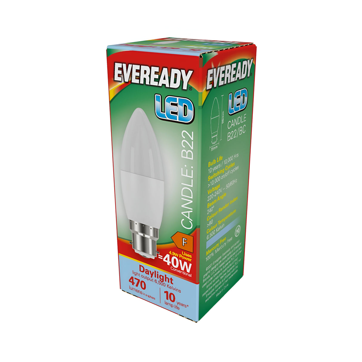 A 3D rendering of an Eveready LED Candle Bulb box showcases its energy efficiency. The package displays 40W equivalent, B22 base, Daylight tone at 6500K with 470 lumens, and an impressive lifespan of up to 10 years. The packaging is attractively designed in green, red, and white with a photo of the bulb on the front.