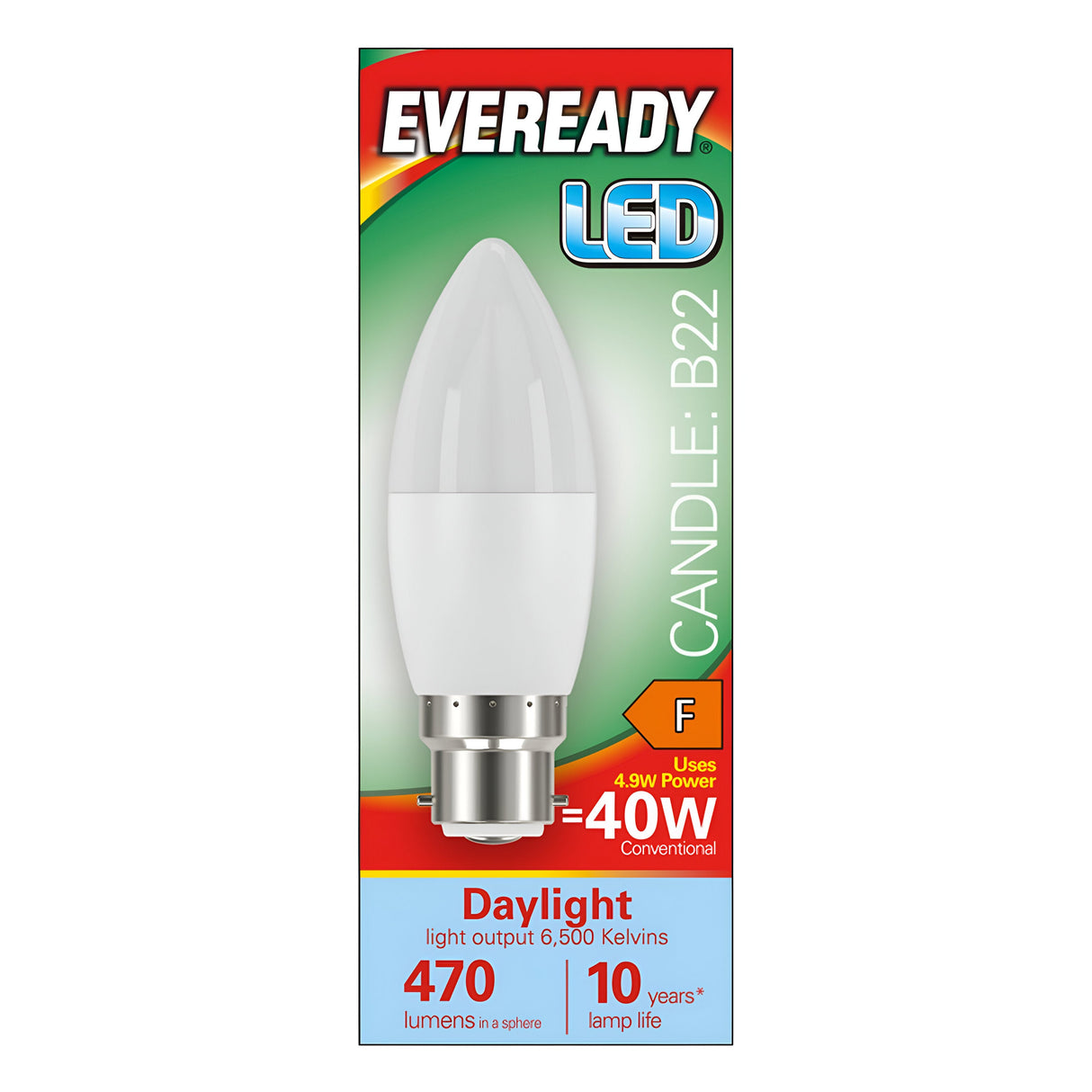 Image of an Eveready LED candle bulb package. The box highlights the energy-efficient Eveready 4.9W Non-Dimmable LED Candle Bulb with a daylight tone, featuring specifications such as B22 base, 6500K color temperature, 470 lumens brightness, equivalent to a 40W incandescent bulb, and offering an impressive lamp life of up to 10 years.