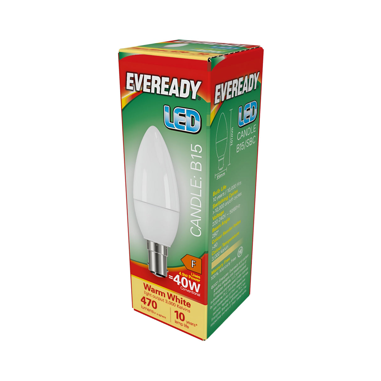A 3D-rendered image of an Eveready LED bulb box highlights its features: a green and red design with yellow text detailing the specifications of the Eveready 4.9W Non-Dimmable LED Candle Bulb. It offers a warm white glow, is equivalent to a 40W bulb, has a B15 base, produces 470 lumens, is mercury-free, boasts a 10-year lifespan, and has an F energy rating.