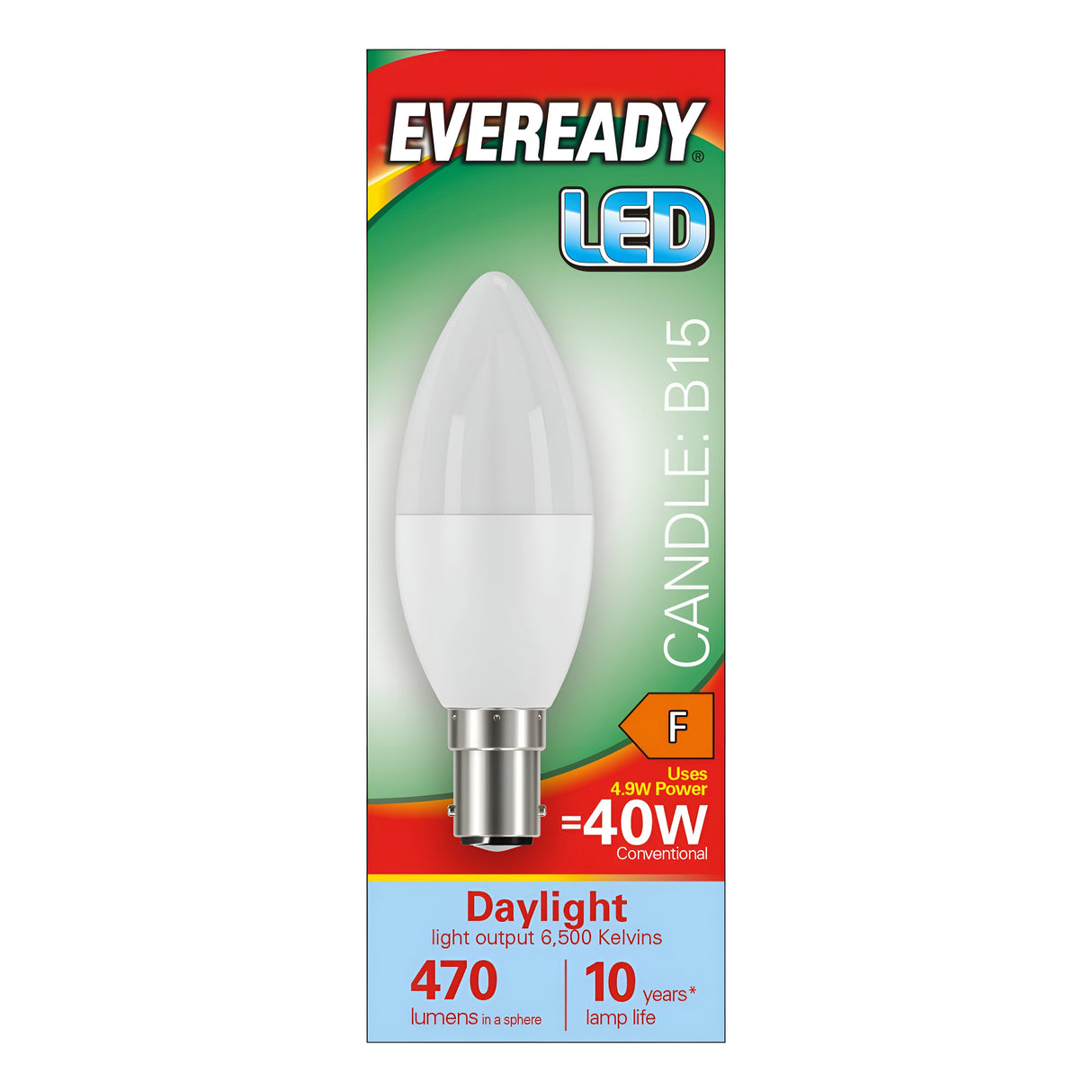 The Eveready 4.9W Non-Dimmable LED Candle Bulb features a candle-shaped B15 socket, delivering 470 lumens of daylight tone at 6500K. It matches the brightness of a traditional 40W bulb while being energy-efficient, consuming just 4.9 watts and offering an impressive lifespan of up to 10 years.
