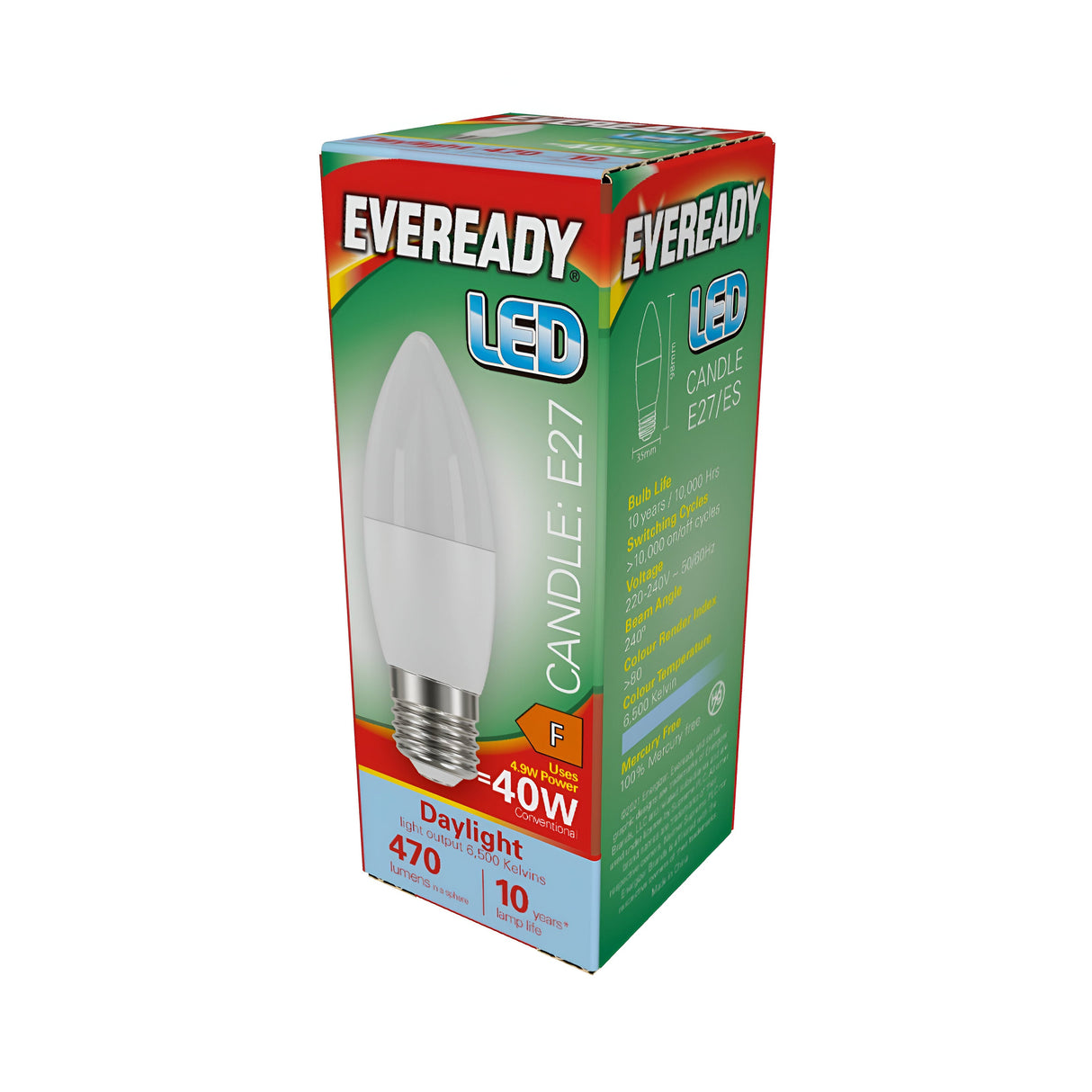 A box of Eveready 4.9W Non-Dimmable LED Candle Bulb with E27 fittings. It features energy efficiency with specifications such as daylight, delivering 470 lumens and a lifespan of 10,000 hours. The packaging is green with red accents and product images on the front.