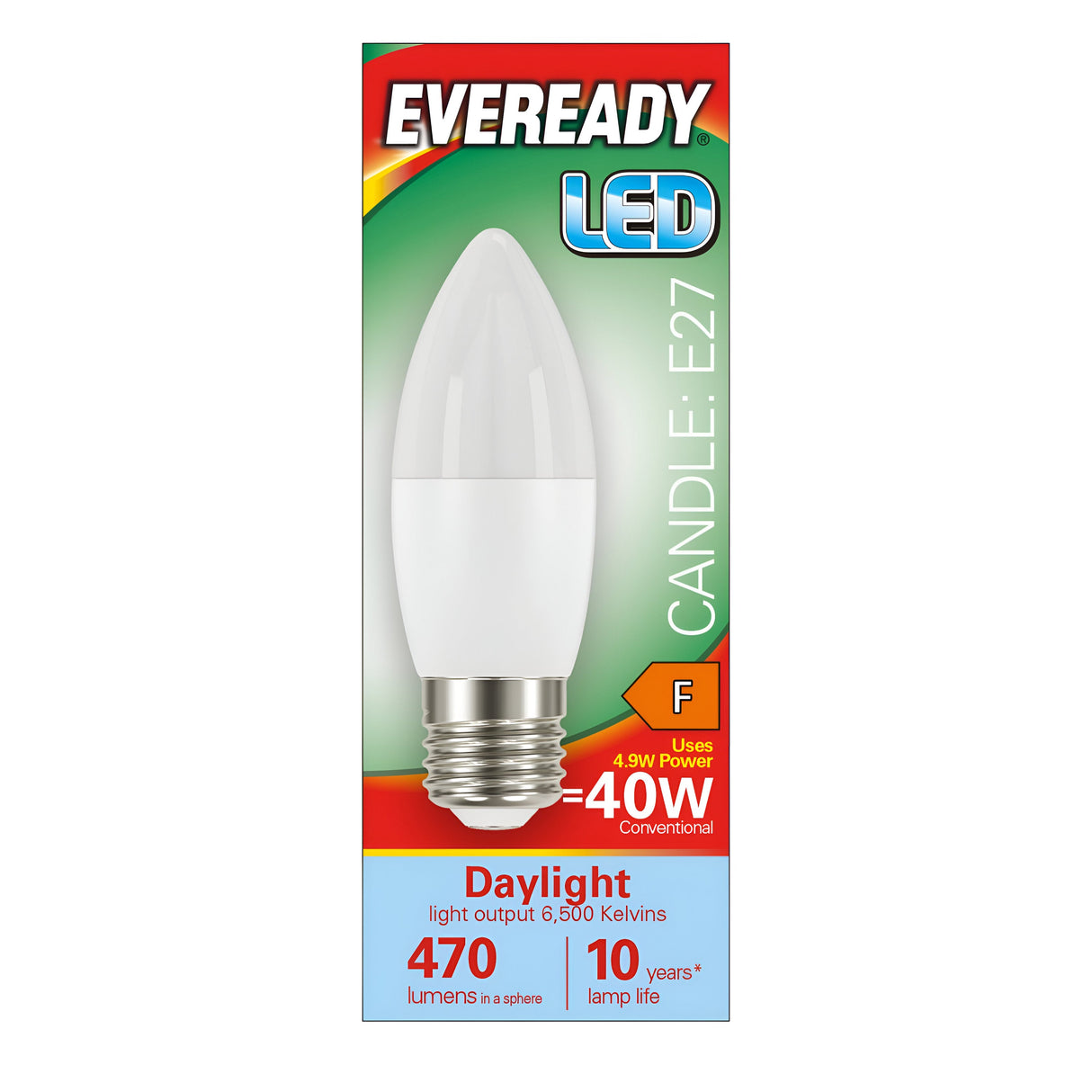 The Eveready 4.9W Non-Dimmable LED Candle Bulb comes with an E27 fitting, delivering a 40W equivalent while consuming just 4.9W. It provides 470 lumens, offers a daylight output of 6500 Kelvins, and has an impressive lamp life of up to 10 years.
